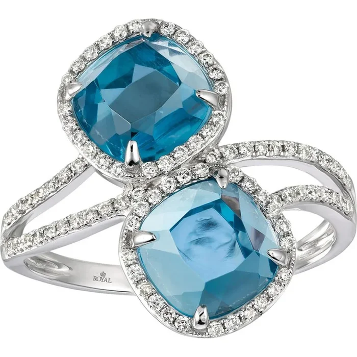 14K White Gold Cushion Blue Topazes And Diamond Toi Et Moi Ring