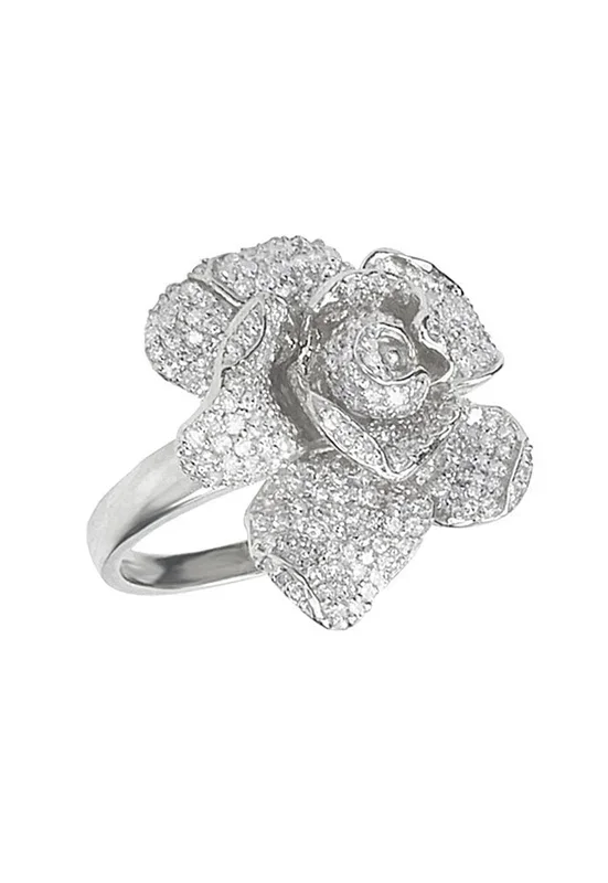 14K White Gold Diamond Flower Ring, 1.10 TCW