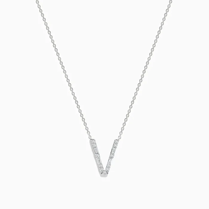 14K White Gold Diamond Initial “V” Pendant