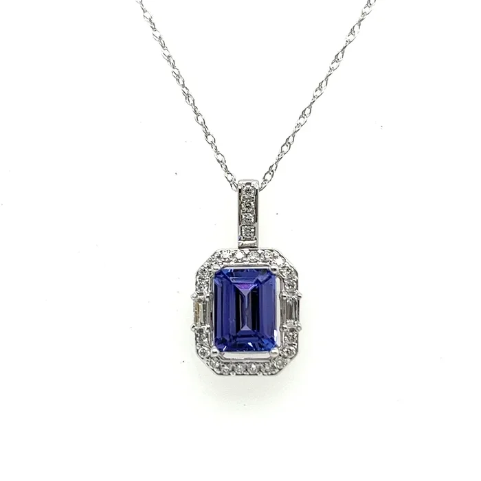 14K White Gold Emerald Shape Tanzanite and Diamond Halo Pendant with a 14K White Gold Cable Link Necklace