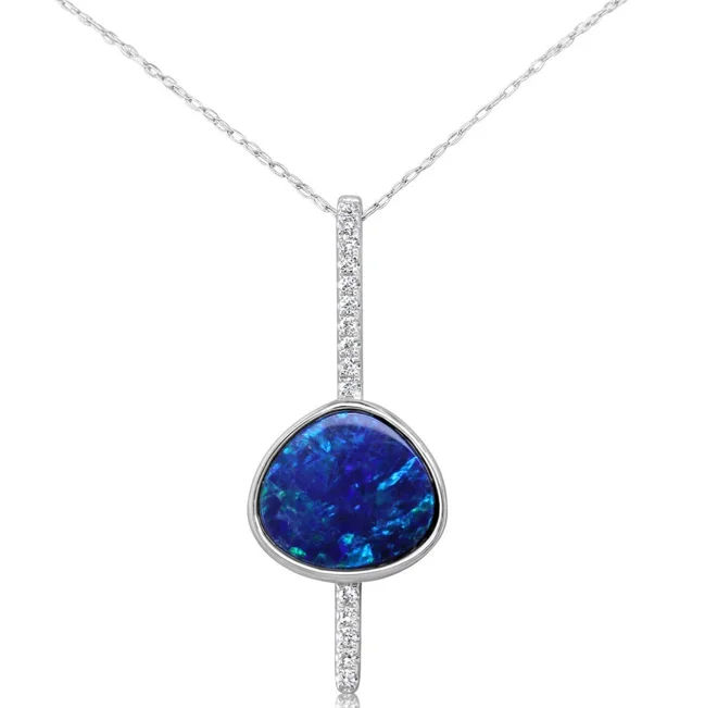 14K White Gold Fancy Shape Australian Opal and Diamonds Drop Pendant