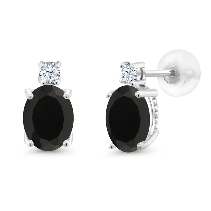 14K White Gold Gemstone Birthstone Stud Earrings For Women | Oval 8X6MM with Round 2.5MM Accents | Elegant Two-Stone Design | Classic Fine Jewelry Earrings