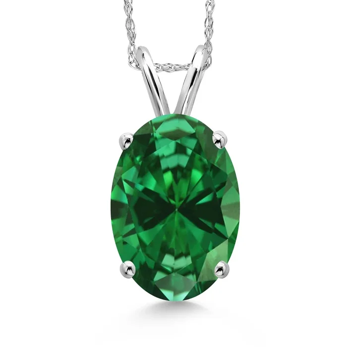 14K White Gold Green Created Emerald Pendant Necklace for Women | 4.00 Cttw | Gemstone May Birthstone | Oval 14X10MM | With 18 Inch Chain