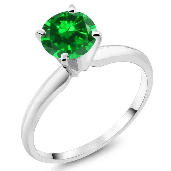 14K White Gold Green Created Emerald Solitaire Engagement 4-Prong Ring For Women | 1.00 Cttw | Round 6MM | Gemstone May Birthstone