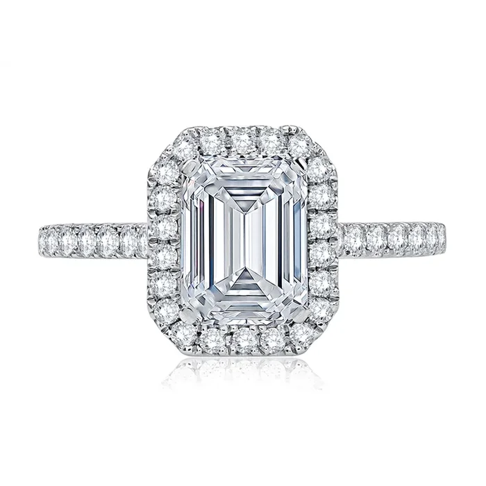 14K White Gold Halo Emerald Cut Natural Diamonds Engagement Ring