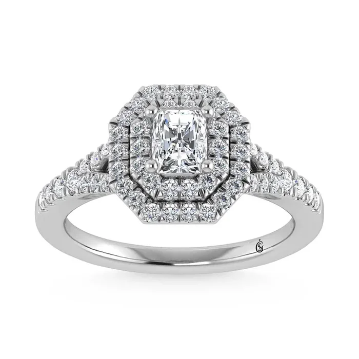 14K White Gold Lab Grown Diamond 1 ct.tw. Radiant Shape Halo Engagement Ring (1/2 ct Center)