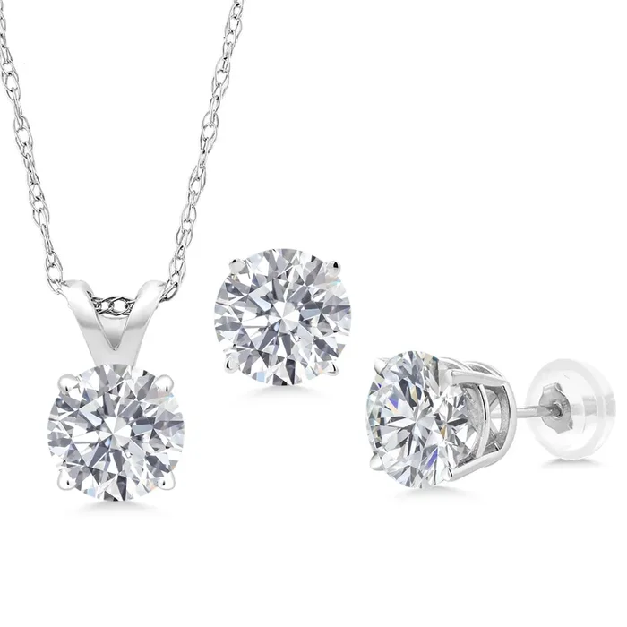 14K White Gold Lab Grown Diamond Pendant and Earrings Jewelry Set For Women | 2.22 Cttw | Gemstone April Birthstone | Round 6MM | with 18 Inch Chain