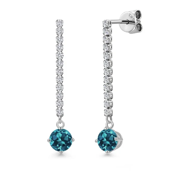 14K White Gold London Blue Topaz and White Lab Grown Diamond Long Liner Dangle Earrings for Women | 1.76 Cttw | Gemstone November Birthstone | Round 5MM | White Gold Chain Drop Earrings
