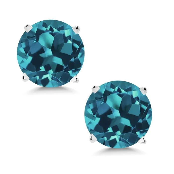 14K White Gold London Blue Topaz Stud Earrings For Women Men (2.20 Cttw, Gemstone Birthstone Round 6MM)