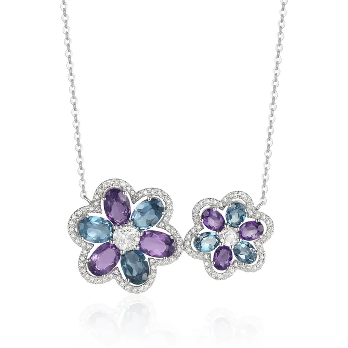 14K White Gold Multi-colored Two Flower Necklace