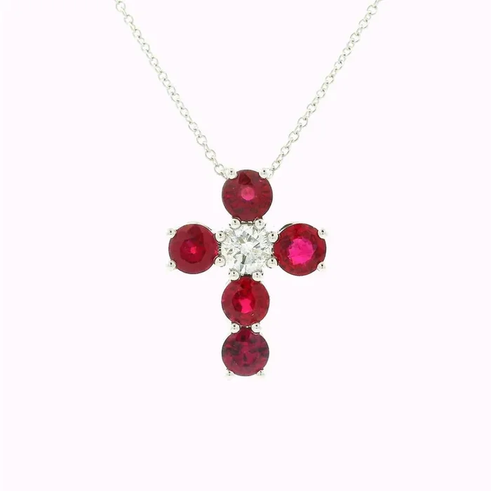 14K White Gold Natural Diamond And Ruby Cross Pendant