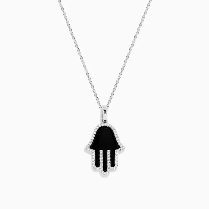 14K White Gold Onyx and Diamond Hamsa Pendant