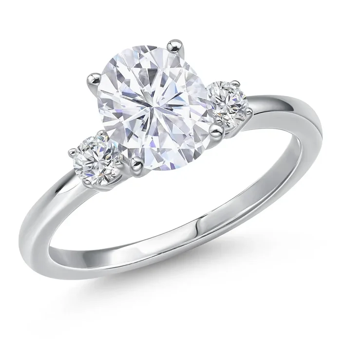 14K White Gold Oval Gemstone Birthstone and White Lab Grown Diamond 3-Stone Ring | Oval 9X7MM and Round 3MM | Three Stone Wedding Anniversary Promise Gold Ring For Women
