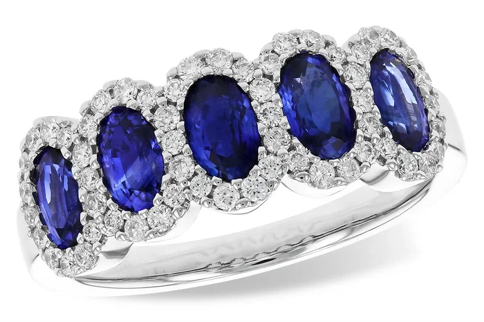 14K White Gold Oval Sapphires Halo Ring