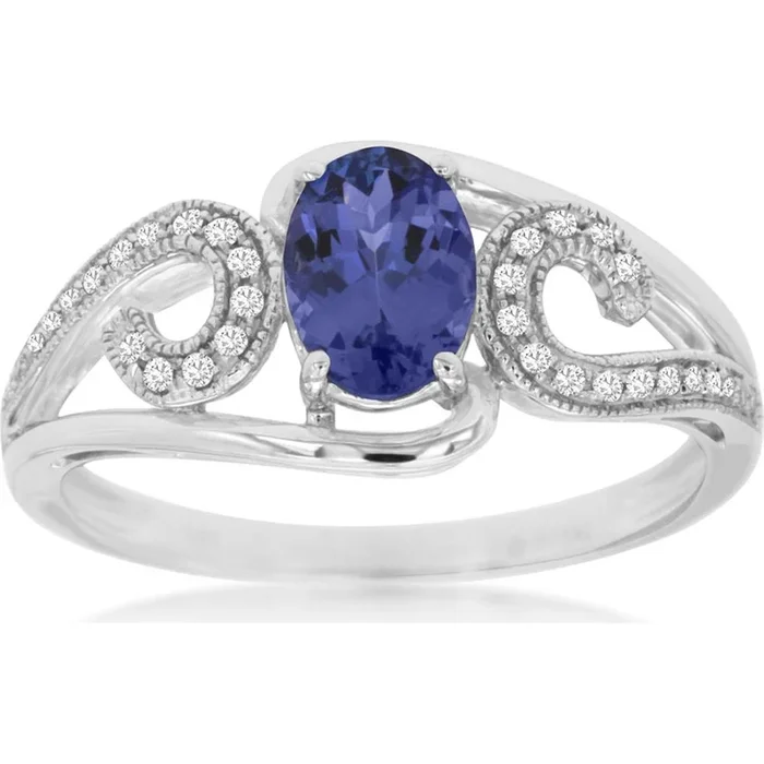 14K White Gold Oval Tanzanite And Diamond Free Form Ring