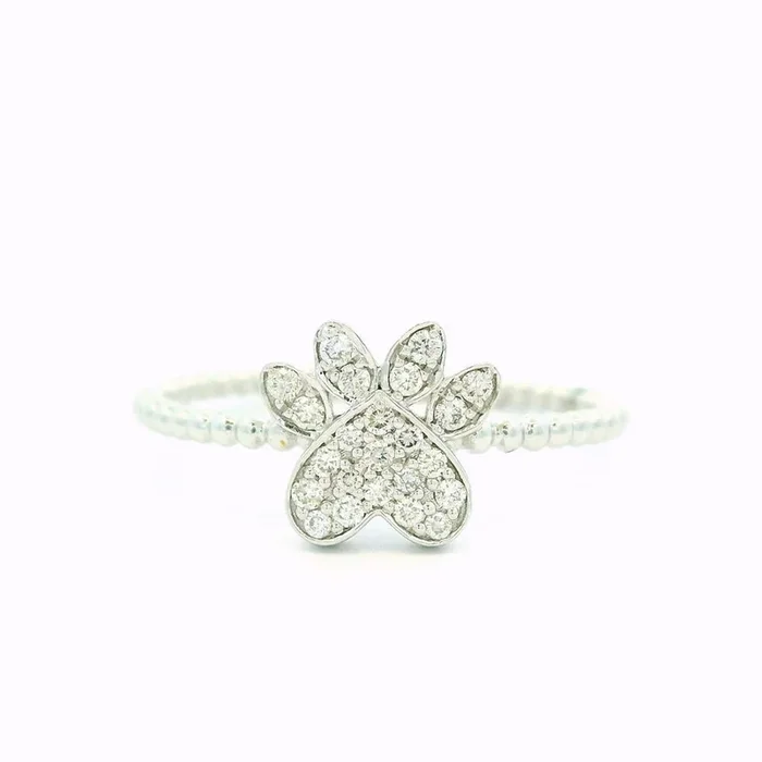 14K White Gold Paw Print Natural Diamonds Ring