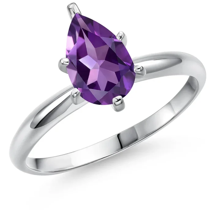14K White Gold Pear Shape 9X6MM Gemstone Birthstone Solitaire Engagement Ring | Wedding Anniversary Promise Gold Ring For Women | Available In Size 5, 6, 7, 8, 9