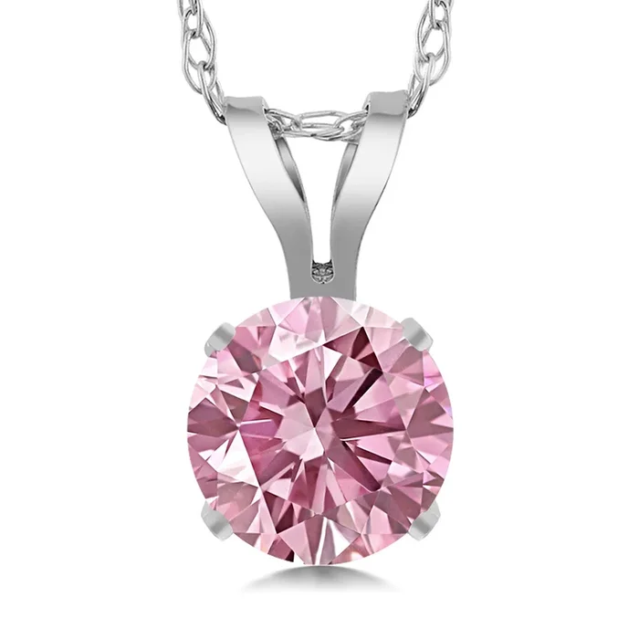 14K White Gold Pink Lab Grown Diamond Pendant Necklace for Women | 0.50 Cttw | Gemstone April Birthstone | Round 5MM | With 18 Inch Chain