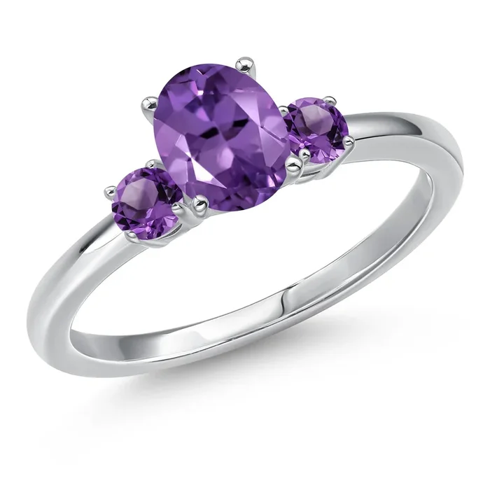 14K White Gold Purple Amethyst 3-Stone Engagement Ring For Women | 0.95 Cttw | Oval 7X5MM and Round 3MM | Gemstone February Birthstone