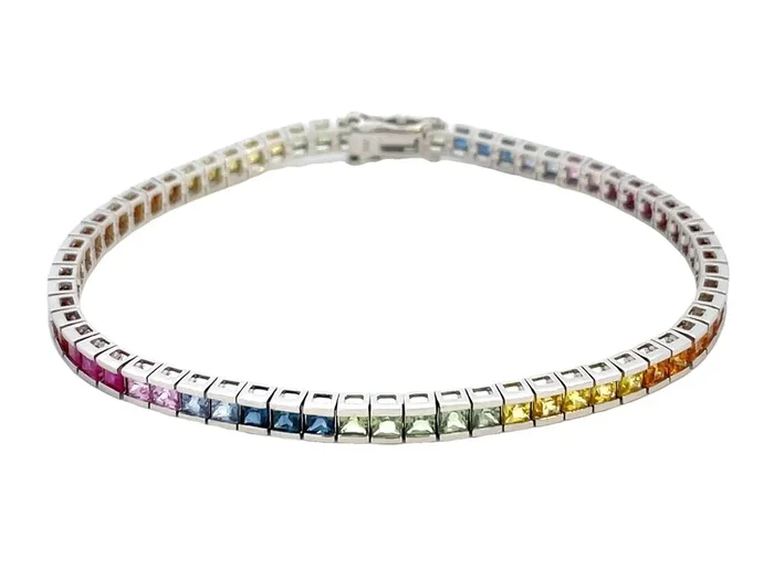14K White Gold Rainbow Sapphires Tennis Bracelet