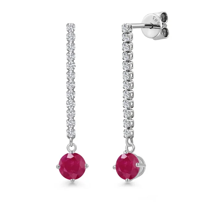14K White Gold Red Ruby and White Lab Grown Diamond Long Liner Dangle Earrings for Women | 1.46 Cttw | Gemstone July Birthstone | Round 5MM | White Gold Chain Drop Earrings