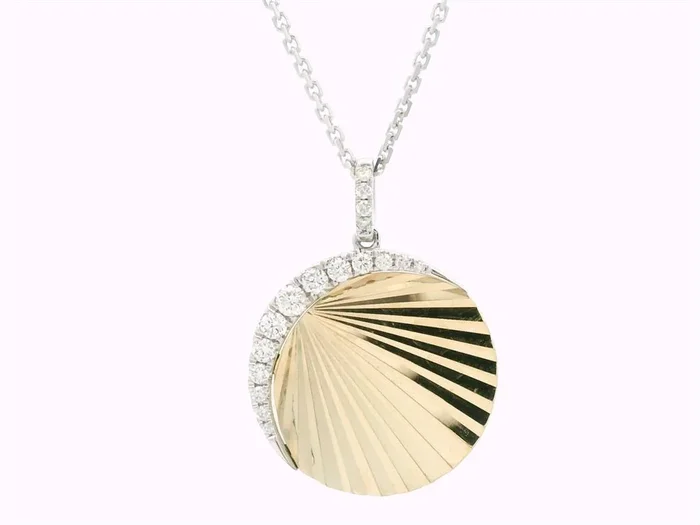 14K Yellow And White Gold Natural Diamonds Fluted Circle Pendant