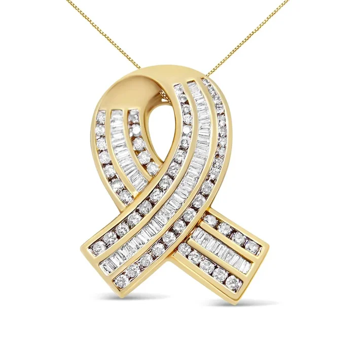 14K Yellow Gold 2 5/8 cttw Channel Set White Diamond Awareness Ribbon Pendant Necklace (G-H Color, VS1-VS2 Clarity) – NO CHAIN