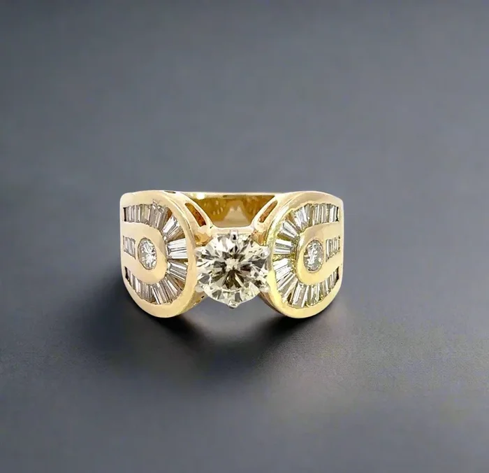 14K Yellow Gold 2TCW Baguette Diamond Ladies Engagement Ring
