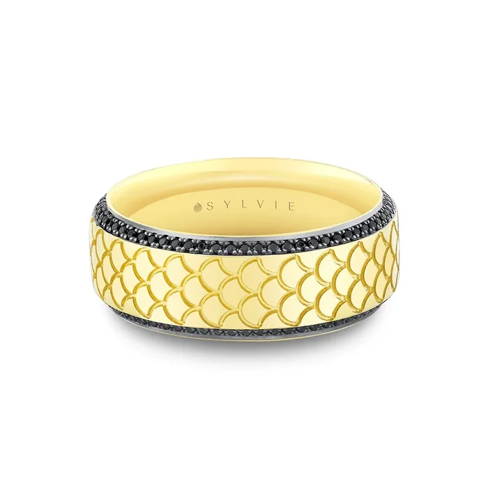 14K Yellow Gold ‘Damian’ Engraved Black Diamond Straight 8mm Wedding Band