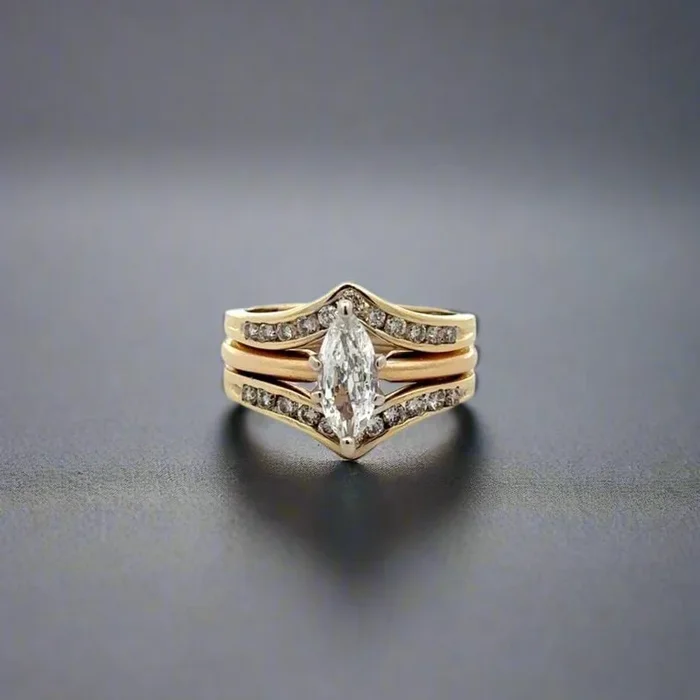 14K Yellow Gold .95TCW Diamond Marquise Wedding Ring