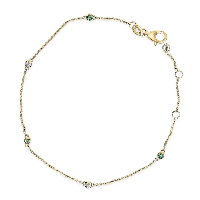 14K Yellow Gold Alternating Green Emerald and Diamond Bezel Station Chain Bracelet – Size 7.5 inch