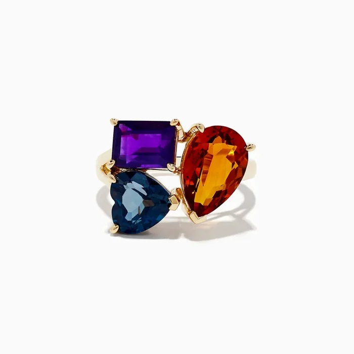 14K Yellow Gold Amethyst, London Blue Topaz and Citrine Ring