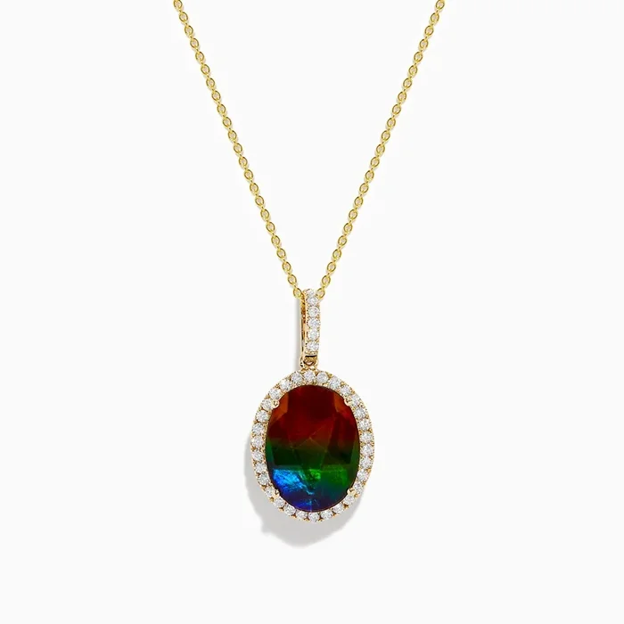 14K Yellow Gold Ammolite and Diamond Pendant