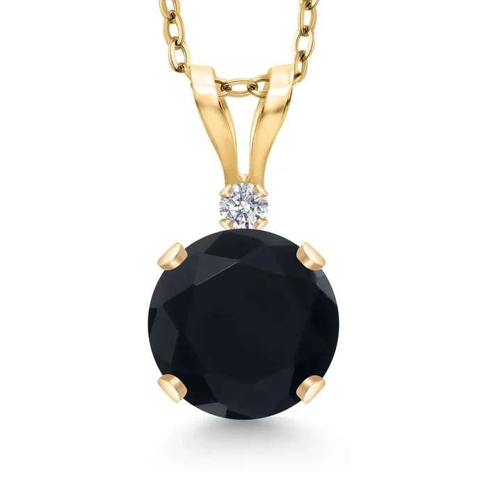 14K Yellow Gold Black Onyx and Lab Grown Diamond Pendant Necklace for Women | 0.82 Cttw | Gemstone December Birthstone | Round 6MM | With 18 Inch Silver Chain