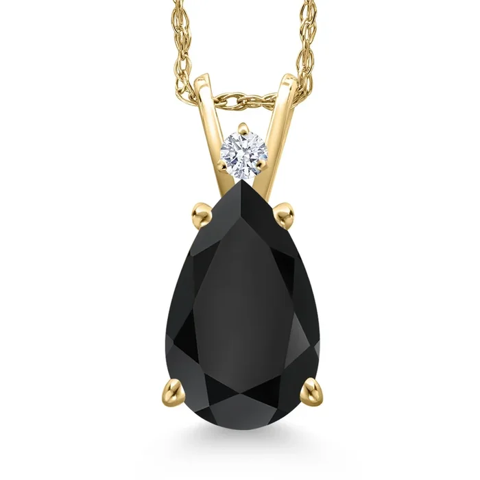 14K Yellow Gold Black Onyx and White Zirconia Pendant Necklace for Women | 2.80 Cttw | Gemstone December Birthstone | Pear Shape 12X8MM | With 18 Inch Chain