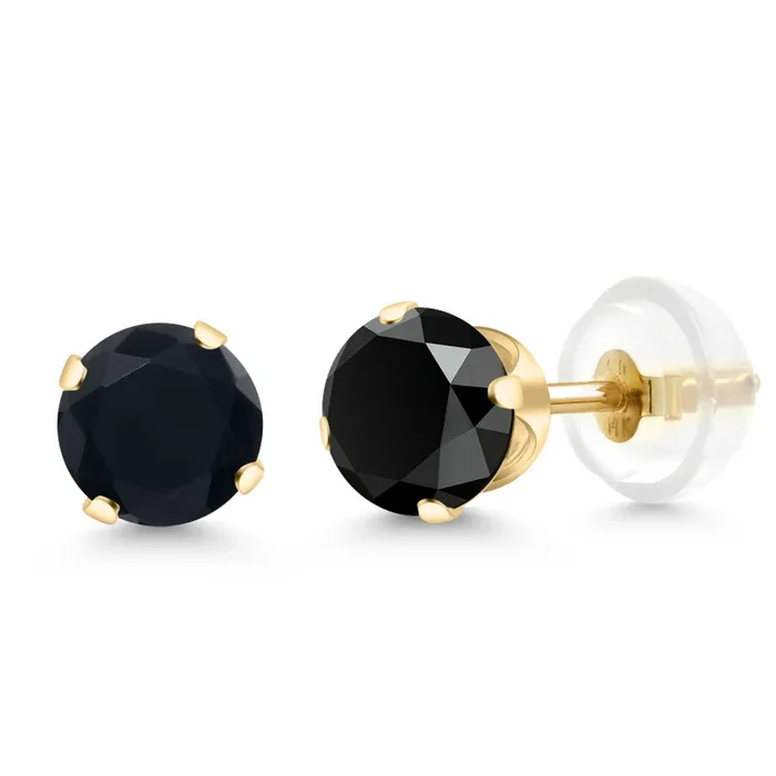 14K Yellow Gold Black Onyx Earrings For Women Men (0.92 Cttw, Gemstone Birthstone, Round 5MM)
