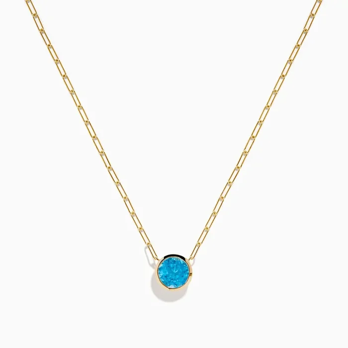 14K Yellow Gold Blue Topaz Bezel Paperclip Chain Pendant