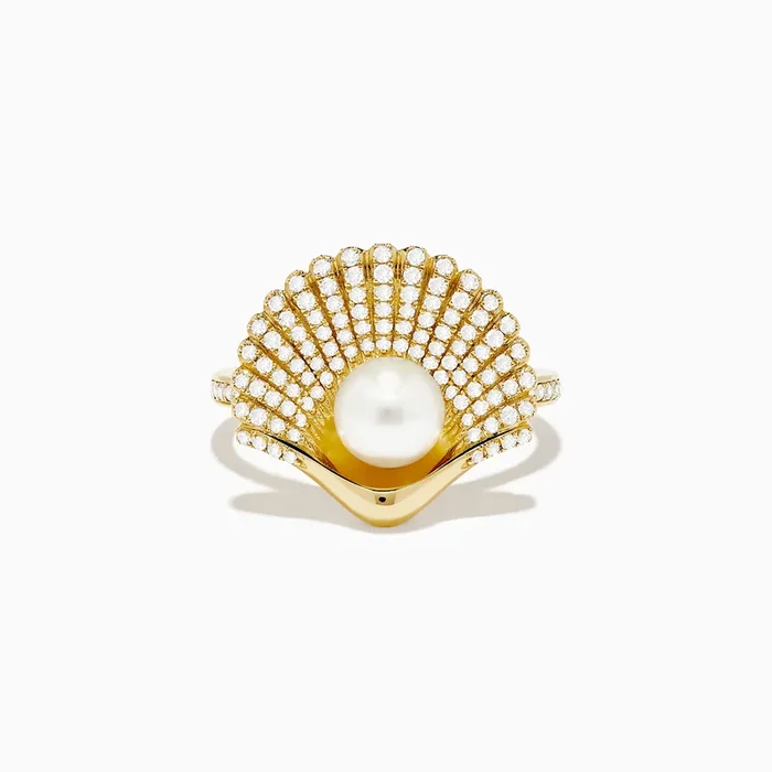 14K Yellow Gold Cultured Pearl and Diamond Shell Ring