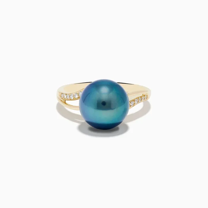 14K Yellow Gold Diamond Black Tahitian Pearl Ring