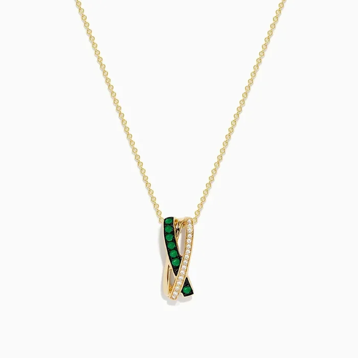 14K Yellow Gold Emerald and Diamond Crossover Pendant