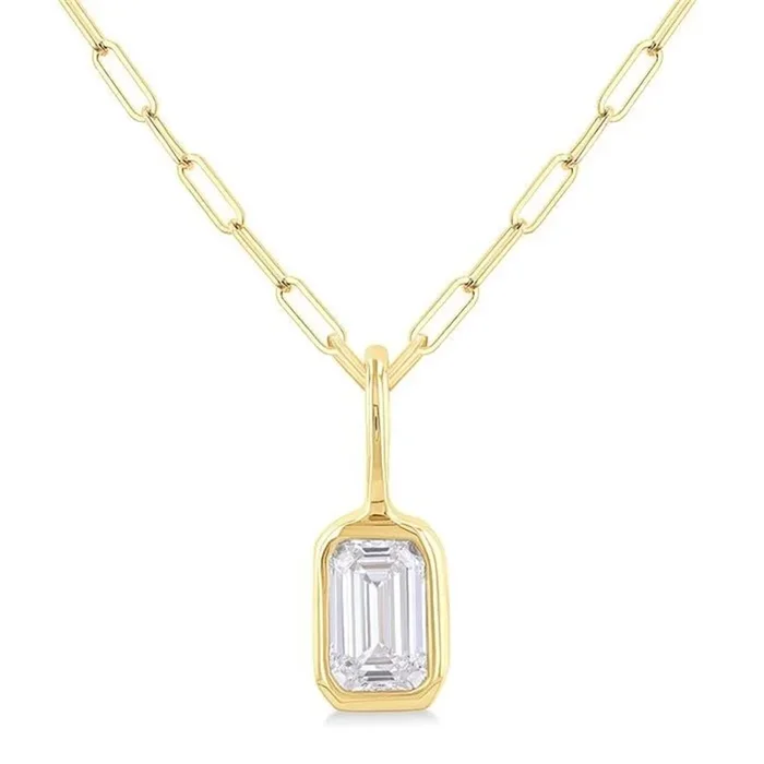 14K Yellow Gold Emerald Cut Natural Diamonds Bezel Set Solitaire Pendant Necklace