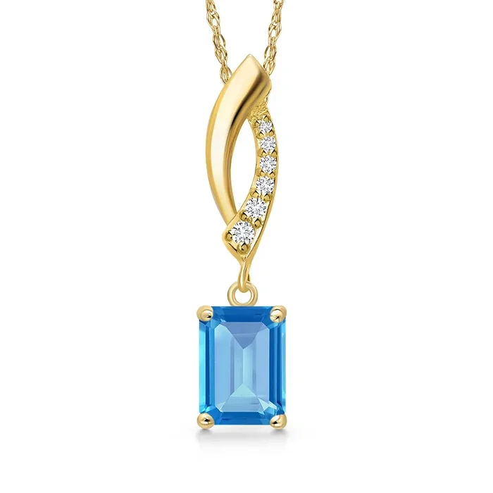 14K Yellow Gold Gemstone Birthstone and Lab Grown Diamond Pendant Necklace for Women | Emerald Cut 7X5MM | With 18 Inch Chain