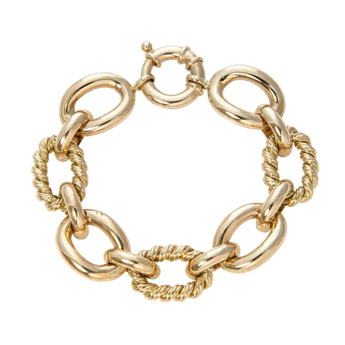 14K Yellow Gold Italian Polished & Rope Oval Link Bracelet