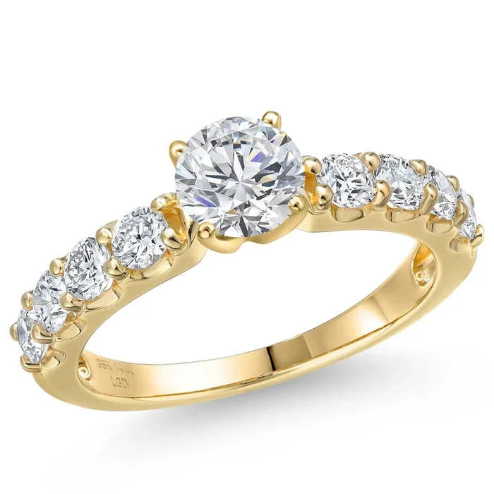 14K Yellow Gold Lab Grown Diamond Engagement Ring For Women | Round 6MM and 3MM | Wedding Anniversary Gold Ring | Sizes 5,6,7,8,9