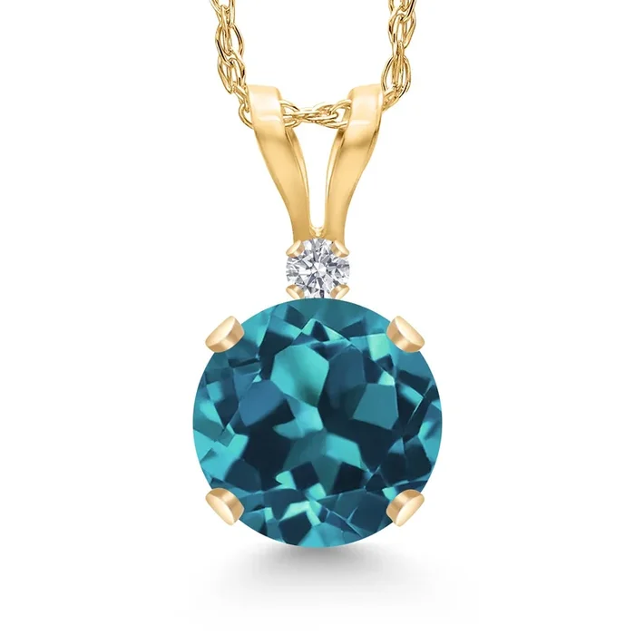 14K Yellow Gold London Blue Topaz and Lab Grown Diamond Pendant Necklace for Women | 1.12 Cttw | Gemstone November Birthstone | Round 6MM | With 18 Inch Chain