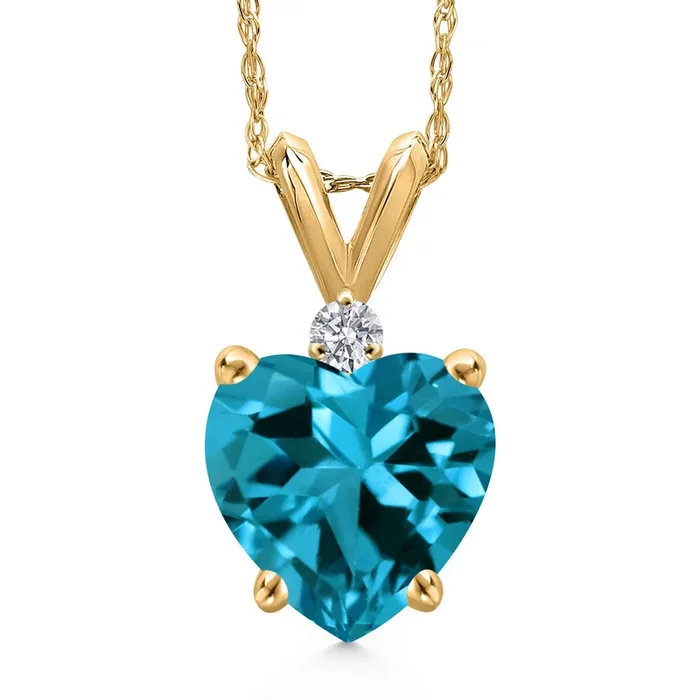 14K Yellow Gold London Blue Topaz and Lab Grown Diamond Pendant Necklace for Women | 2.19 Cttw | Gemstone November Birthstone | Heart Shape 8MM | With 18 Inch Chain