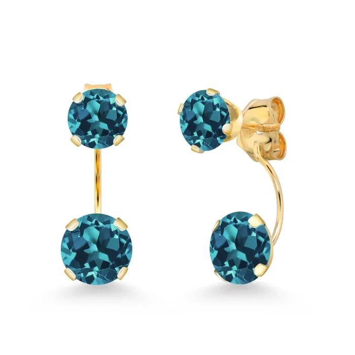 14K Yellow Gold London Blue Topaz Dual Drop 2 Stone Round Earrings for Women (3.60 Cttw, Gemstone Birthstone, Round 6MM and 5MM)