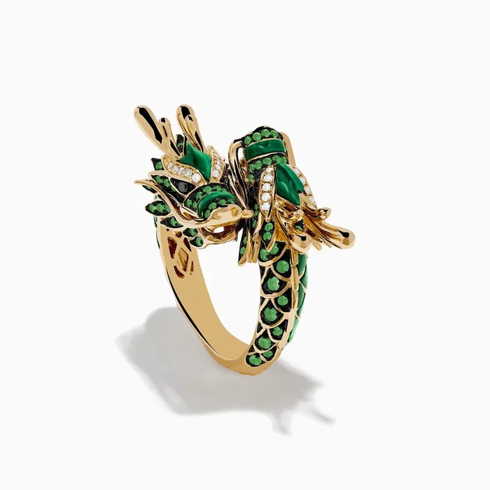 14K Yellow Gold Malachite Tsavorite and Diamond Dragon Ring