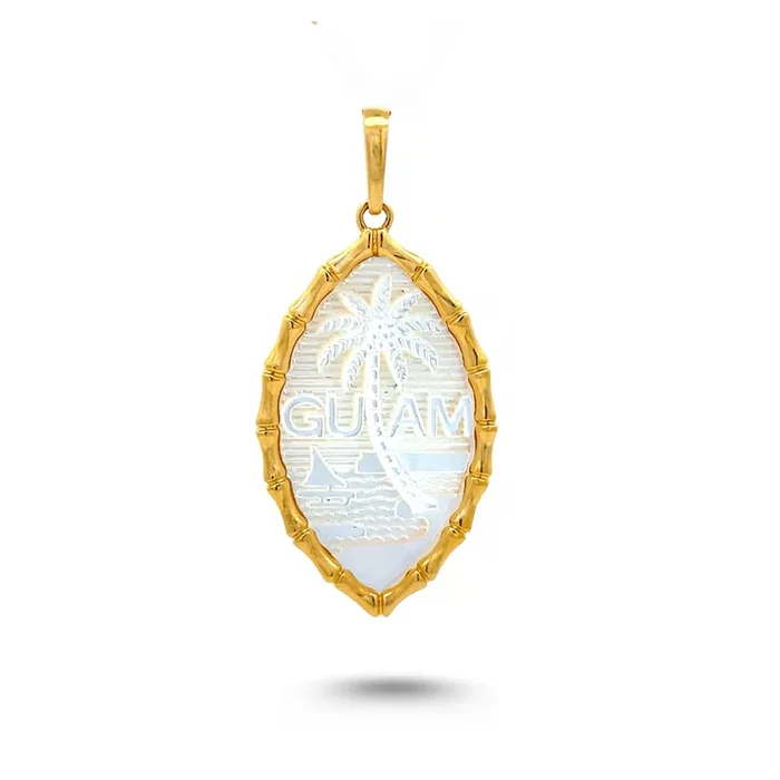 14K Yellow Gold Mother of Pearl Guam Seal Bamboo Pendant