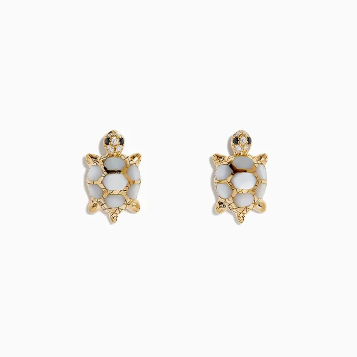 14K Yellow Gold Multi Diamond and Mother of Pearl Turtle Stud Earrings